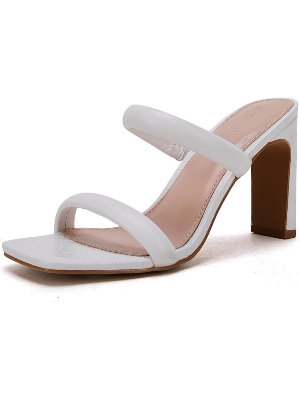 Women's White Summer Comfortable Square Toe Two Strap Chunky High Heel Sandals